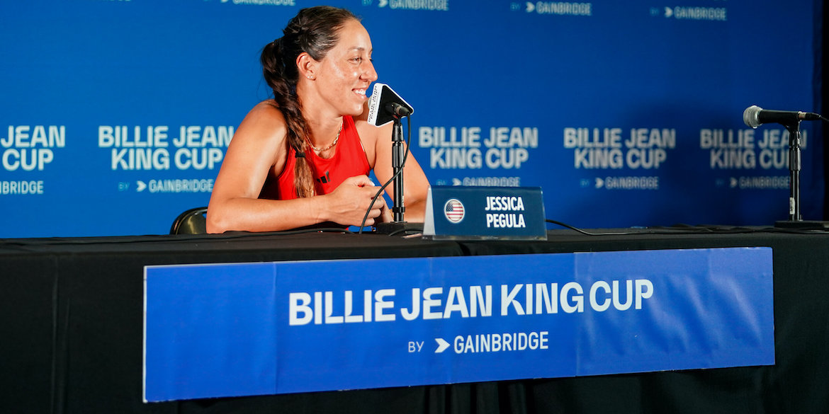 DELRAY BEACH, FL - APRIL 15: Jessica Pegula of the USA during a press conference after defeating Austria in the Billie Jean King Cup Qualifier tie between the USA and Austria at the Delray Beach Tennis Center on April 15, 2023 in Delray Beach, Florida. (Photo by Manuela Davies/USTA)