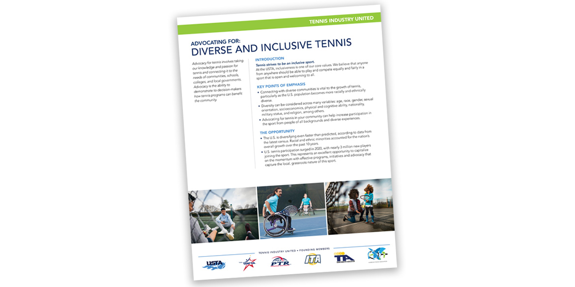 Advocate for diverse and inclusive tennis flyer cover.