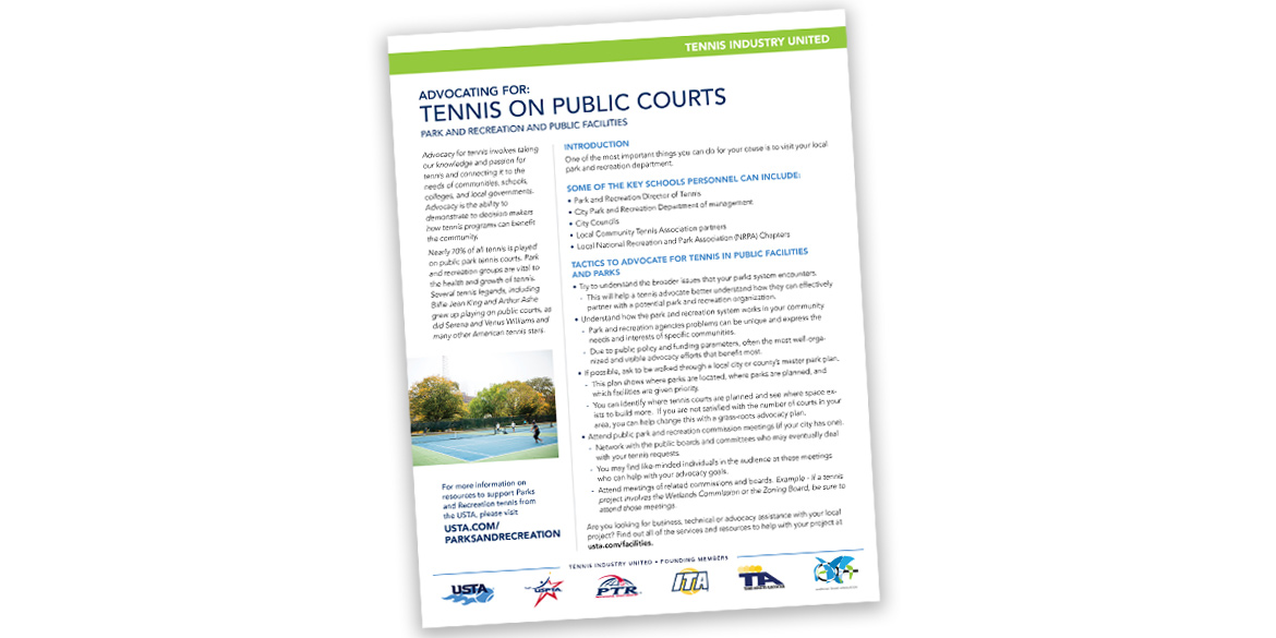 Advocate for tennis on publish courts flyer cover.