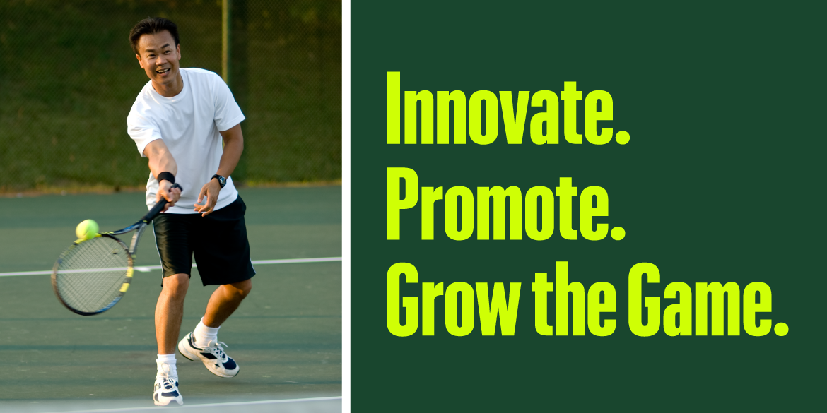 Man plays tennis on outdoor court with "Innovate. Grow. Promote Tennis."