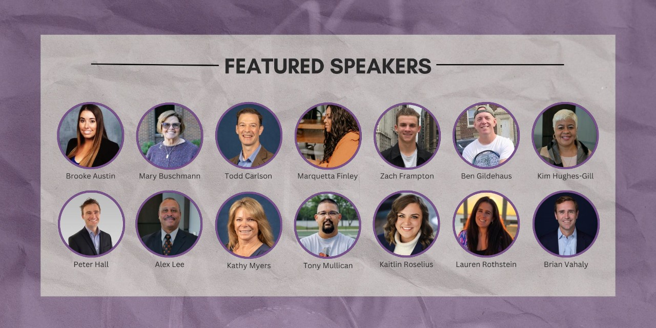 A graphic highlighting all of the speakers at the 2023 USTA Missouri Valley Annual Conference.