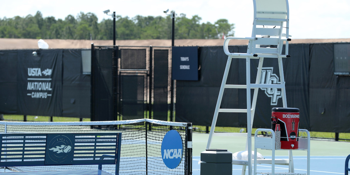 ORLANDO, FL - MAY 16: Signage and court furniture during the Men’s quarterfinal team doubles matches between the University of Virginia and Wake Forest during the 2019 NCAA National Championships at the USTA National Campus in Orlando, Florida on May 16, 2019. (Photo by Joe Murphy/USTA)