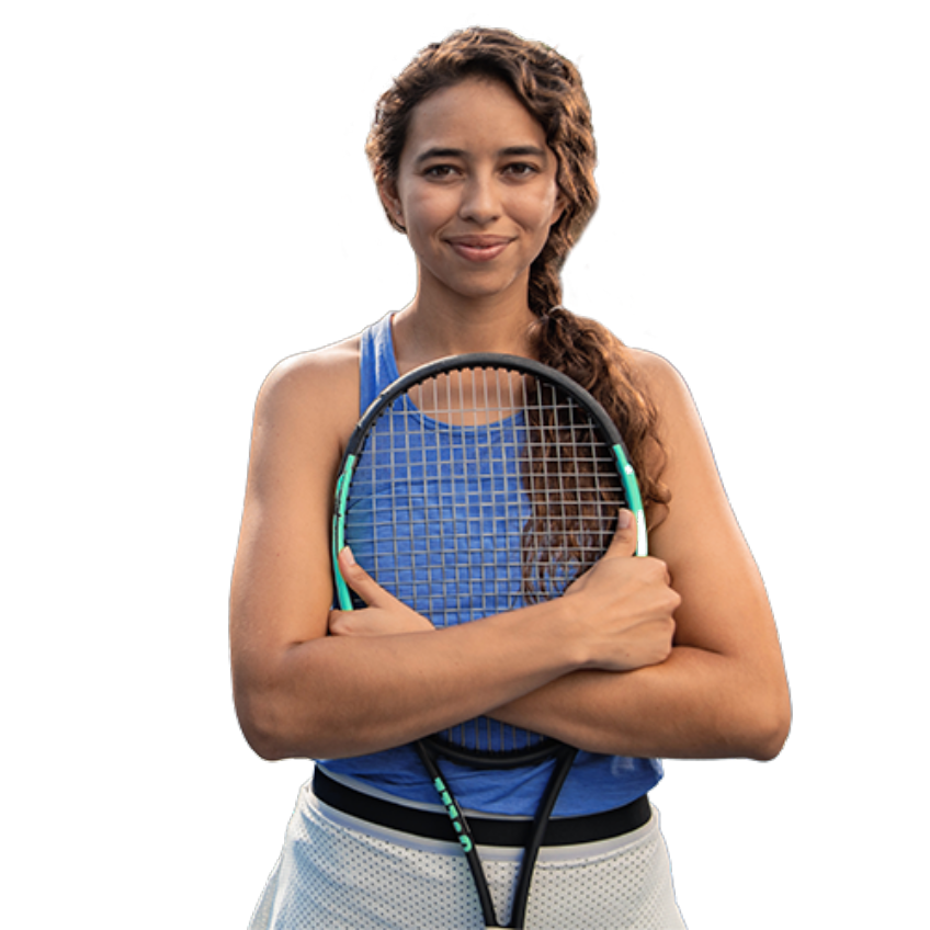 Female tennis player hugging tennis racquet and smiling.