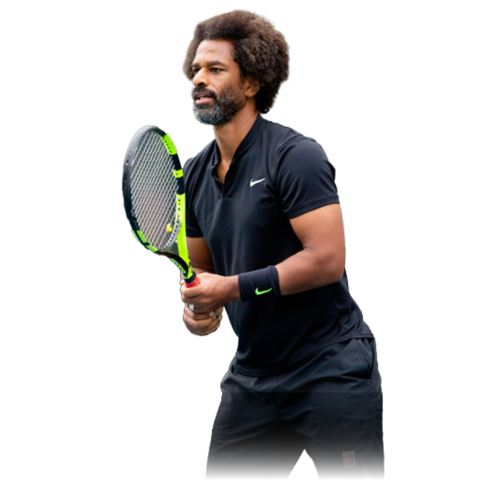 African American male tennis player holding a green racquet.