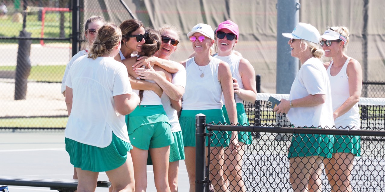 Members of the Dallas 2.5 Women's team celebrate on court after winning their division on Sunday, August 6, 2023 at the University of Texas - Dallas tennis courts.