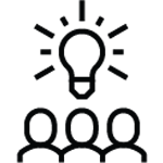 Black icon of three people standing next to each other with a light bulb shining above their heads.