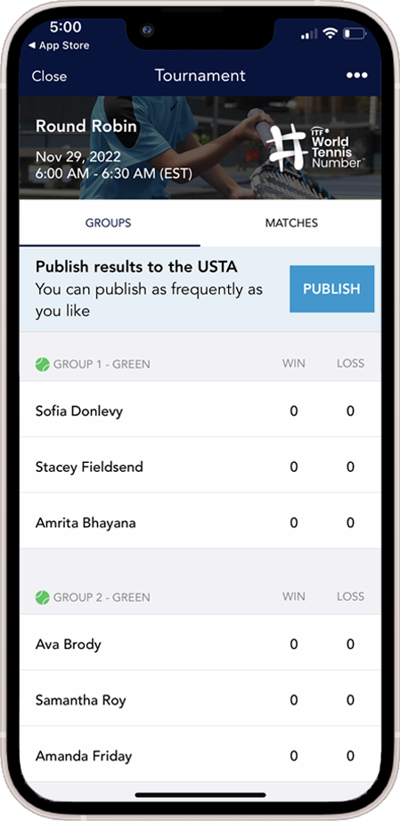 Serve App Tournaments Page