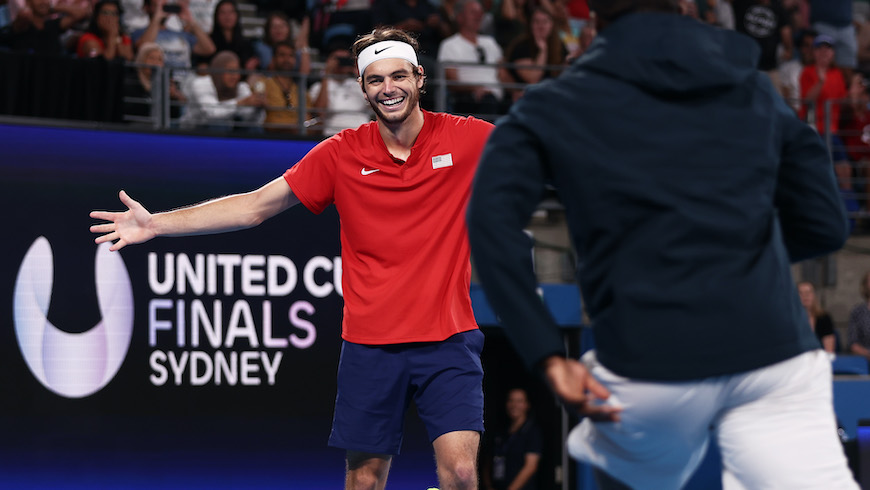 SYDNEY, AUSTRALIA - JANUARY 08:  Taylor Fritz of the United States celebrates winning match point in his final match against Matteo Berrettini of Italy during day eleven of the 2023 United Cup at Ken Rosewall Arena on January 08, 2023 in Sydney, Australia. (Photo by Matt King/Getty Images)