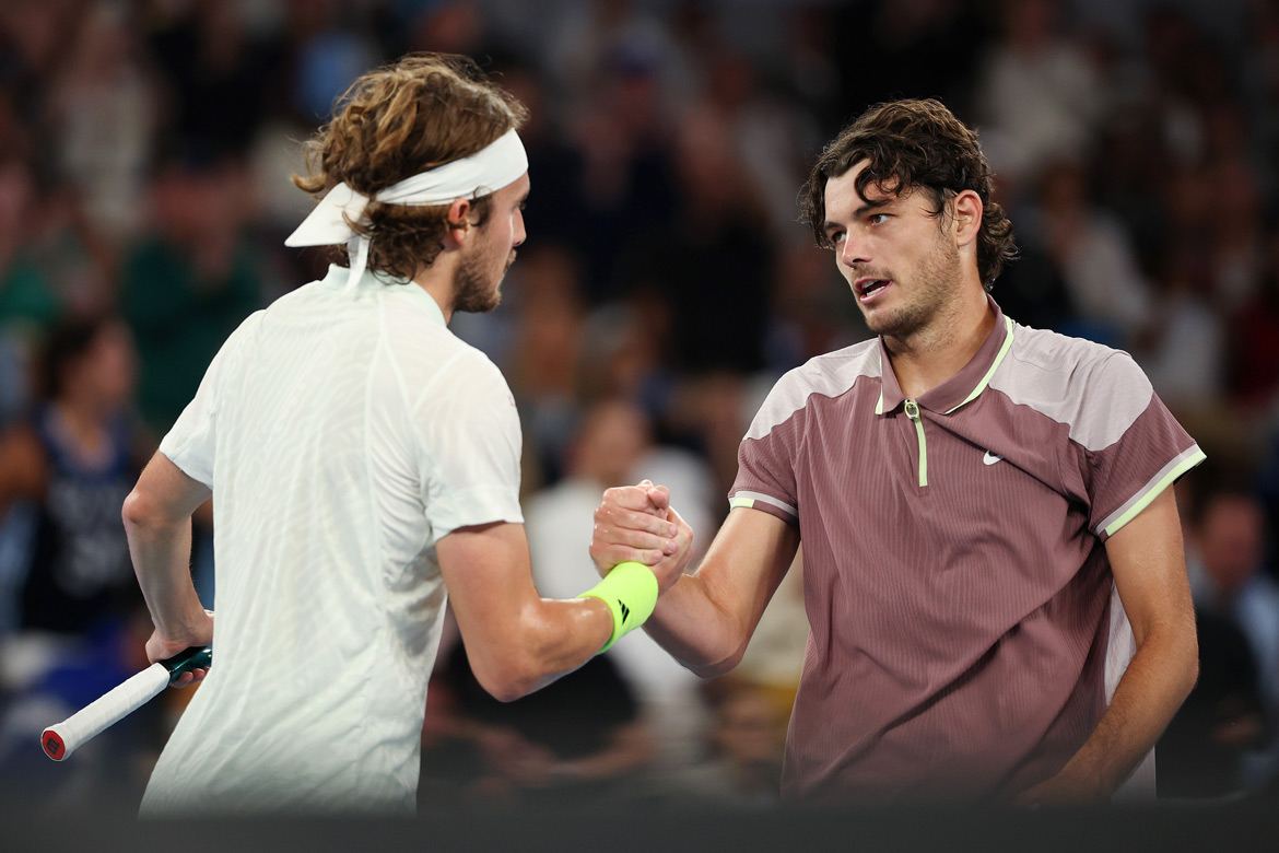 Taylor Fritz and Stefanos Tsitsipas at the 2024 Australian Open. Photo by Daniel Pockett/Getty Images.