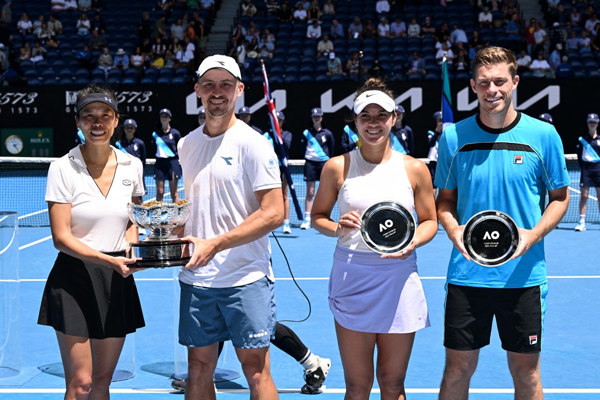 Champions Hsieh Su-wei and Jan Zielinksi with runners-up Desirae Krawczyk and Neal Skupski at the 2024 Australian Open mixed doubles trophy ceremony. Photo by William West/AFP via Getty Images.