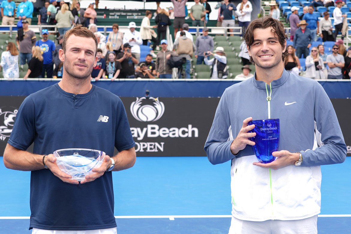 Finalist Tommy Paul (left) and champion Taylor Fritz at the 2024 Delray Beach Open trophy ceremony. Photo by Andrew Patron/Delray Beach Open.