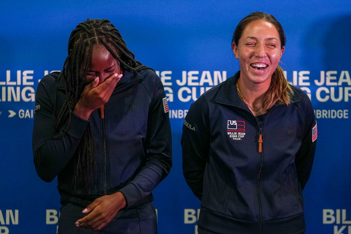 Coco Gauff and Jessica Pegula share a laugh while on Billie Jean King Cup duty. Photo by Eric Espada/Getty Images for ITF.