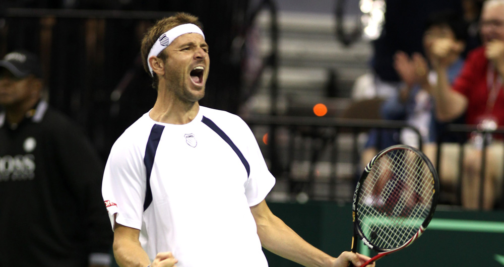 Mardy Fish of the United States in action during the first match of the Quarterfinals at Davis Cup 2011