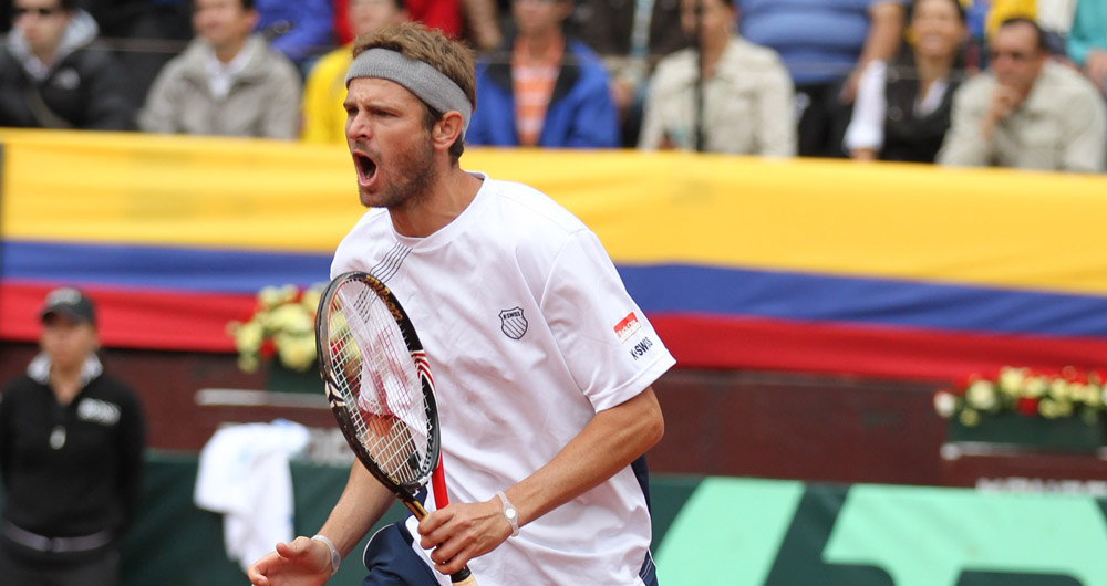 SEPTEMBER 19, 2010  BOGOTA, COLOMBIA. MARDY FISH FROM THE USA HAS ADVANCED THE USA BACK INTO THE DAVIS CUP WORLD GROUP. FISH WHO HAD WON HIS SINGLES MATCH ON FRIDAY ALSO TEAMED WITH JOHN ISNER TO WIN THE DOUBLES YESTERDAY. MARDY WON TODAY 8-6 IN A DRAMATIC 5 SET MATCH. PHOTO BY RON C. ANGLE