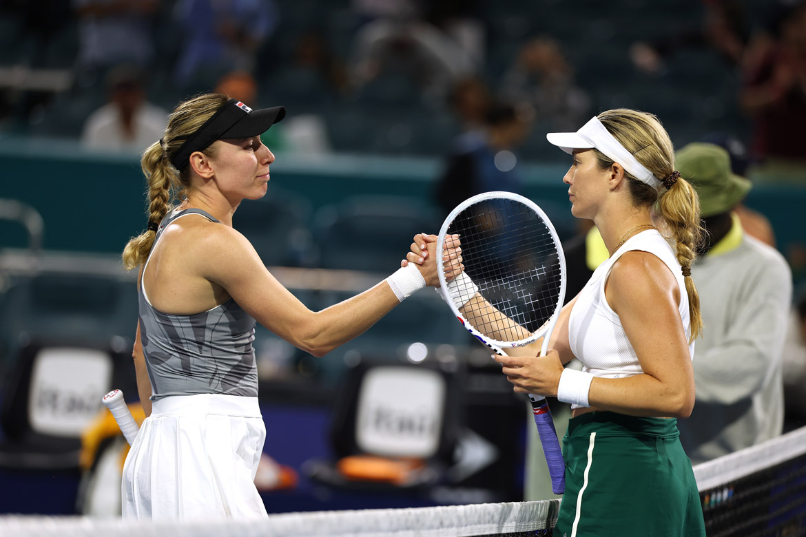 Ekaterina Alexandrova and Danielle Collins shake hands after their 2024 Miami Open semifinal. Photo by Al Bello/Getty Images.