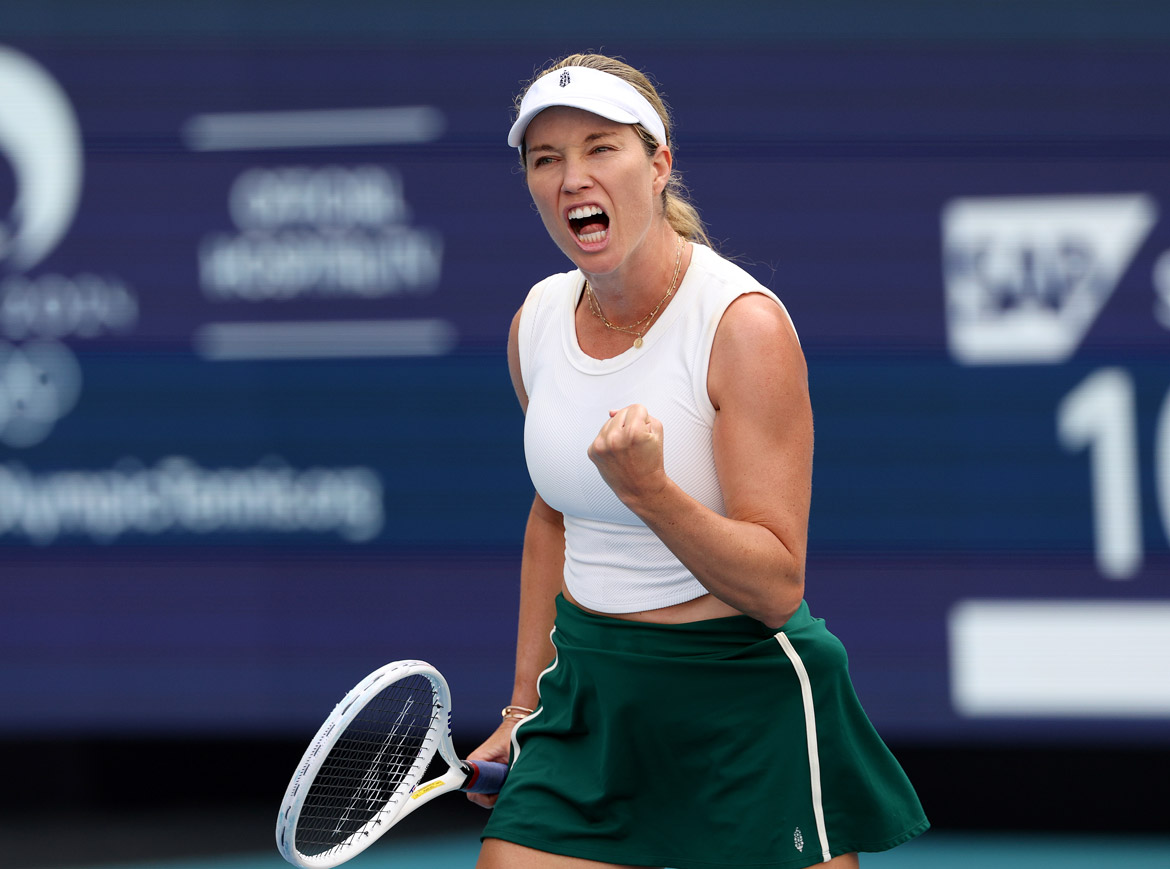 Danielle Collins celebrates during the 2024 Miami Open final. Photo by Elsa/Getty Images.