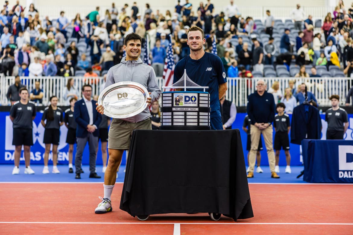 Runner-up Marcos Giron (left) and Tommy Paul during the 2024 Dallas Open trophy ceremony. Photo courtesy of the Dallas Open.
