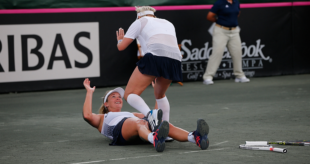 Coco Vandeweghe celebrates with Bethanie Mattek-Sands after winning their FedCup doubles match match against Katerina Siniakova and Kristyna Pliskova of the Czech Republic at the Saddlebrook Resort on April 23, 2017 in Tampa Bay, Florida. Photo by Gary Hershorn