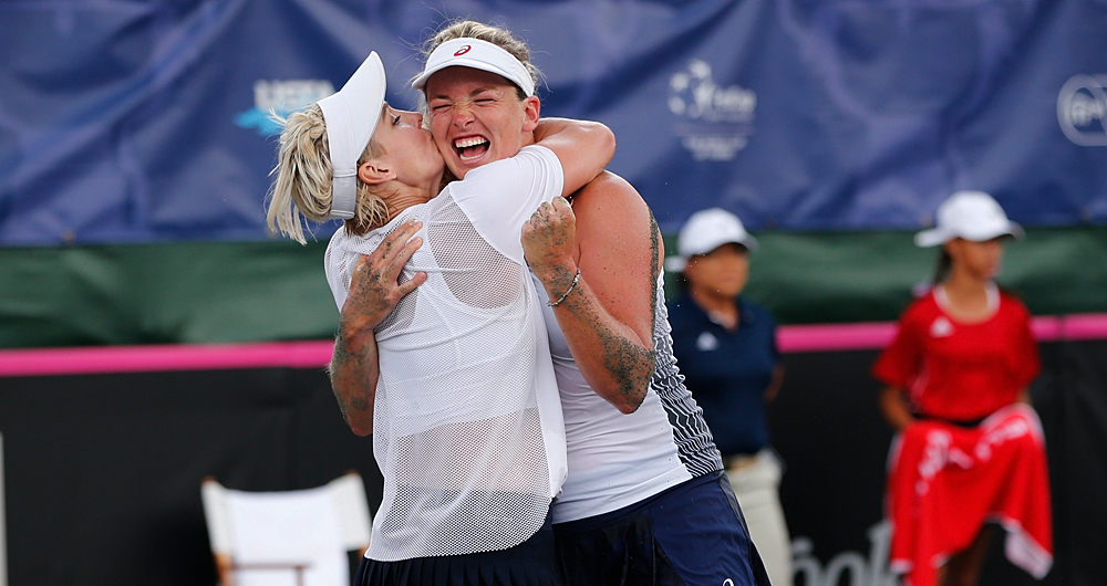 Bethanie Mattek-Sands and Coco Vandeweghe celebrate winning their FedCup doubles match against Katerina Siniakova and Kristyna Pliskova of the Czech Republic at the Saddlebrook Resort on April 23, 2017 in Tampa Bay, Florida. Photo by Gary Hershorn