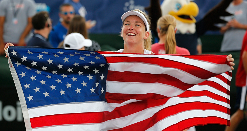 Coco Vandeweghe celebrates winning the FedCup match against the Czech Republic at the Saddlebrook Resort on April 23, 2017 in Tampa Bay, Florida. Photo by Gary Hershorn