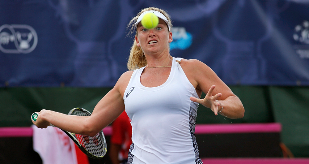Coco Vandeweghe hits a return during her FedCup match against Katerina Siniakova of the Czech Republic at the Saddlebrook Resort on April 23, 2017 in Tampa Bay, Florida. Photo by Gary Hershorn