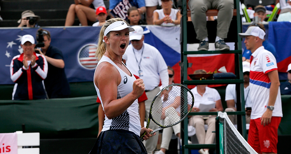 Coco Vandeweghe celebrates winning her FedCup match against Katerina Siniakova of the Czech Republic at the Saddlebrook Resort on April 23, 2017 in Tampa Bay, Florida. Photo by Gary Hershorn