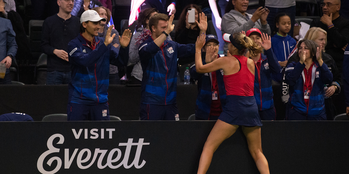 February 8, 2020 - Sofia Kenin celebrates at the 2020 Fed Cup tie against Latvia at the Angel of the Winds Arena in Everett, Washington.