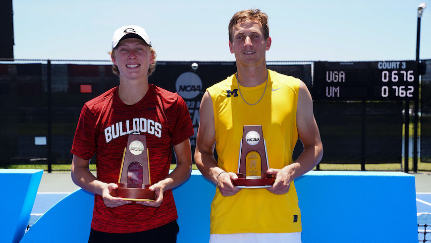 Ethan Quinn of The University of Georgia poses for a photo with Ondrej Styler of The University of Michigan after the 2023 NCAA Division I Men’s Tennis Championship Singles Finals at the USTA National Campus in Orlando, Florida on Saturday, May 27, 2023. (Photo by Manuela Davies/USTA)