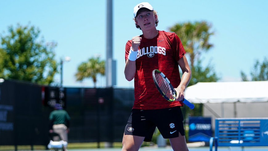 Ethan Quinn of The University of Georgia reacts during the 2023 NCAA Division I Men’s Tennis Championship Singles Finals at the USTA National Campus in Orlando, Florida on Saturday, May 27, 2023. (Photo by Manuela Davies/USTA)