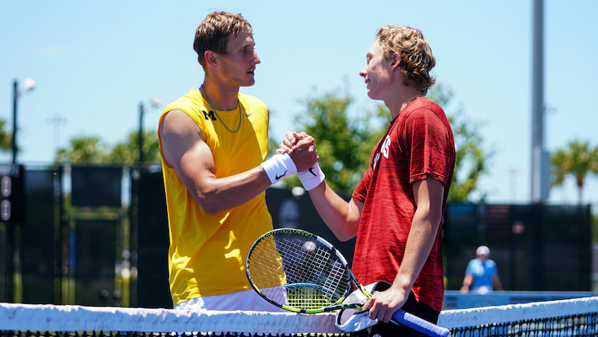 Ethan Quinn of The University of Georgia shakes hands with Ondrej Styler of The University of Michigan after the 2023 NCAA Division I Men’s Tennis Championship Singles Finals at the USTA National Campus in Orlando, Florida on Saturday, May 27, 2023. (Photo by Manuela Davies/USTA)