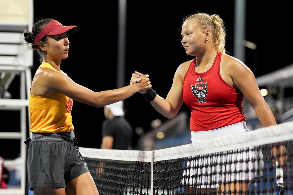 NC State's Diana Shnaider defeated Iowa State's Thasaporn Naklo at No. 1 singles. Photo by Conor Kvatek/USTA.