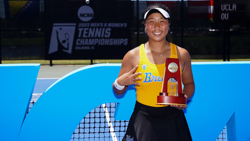 Fangran Tian of the University of California, Los Angeles poses for a photo with the singles champion trophy after winning the 2023 NCAA Division I Women’s Tennis Championship Singles Finals at the USTA National Campus in Orlando, Florida on Saturday, May 27, 2023. (Photo by Manuela Davies/USTA)
