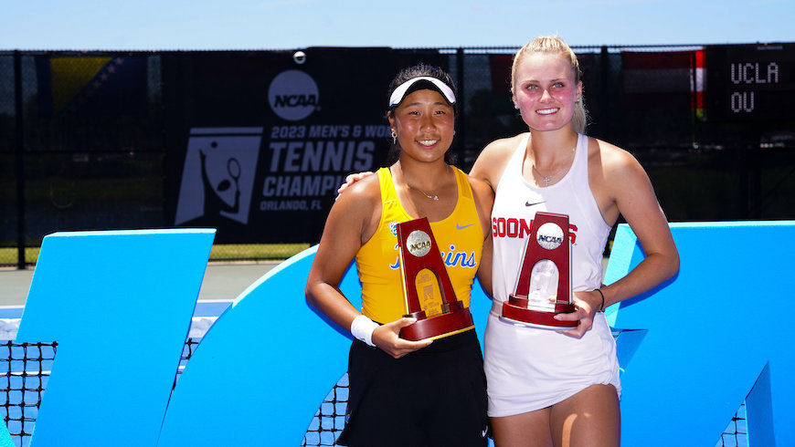 Fangran Tian of the University of California, Los Angeles poses for a photo with Layne Sleeth of the University of Oklahoma after the 2023 NCAA Division I Women’s Tennis Championship Singles Finals at the USTA National Campus in Orlando, Florida on Saturday, May 27, 2023. (Photo by Manuela Davies/USTA)
