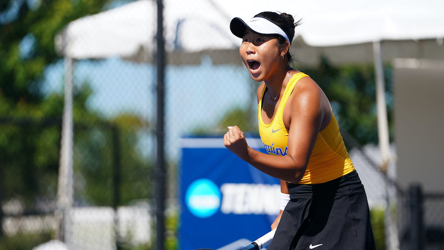 Fangran Tian of the University of California, Los Angeles reacts during the 2023 NCAA Division I Women’s Tennis Championship Singles Finals at the USTA National Campus in Orlando, Florida on Saturday, May 27, 2023. (Photo by Manuela Davies/USTA)