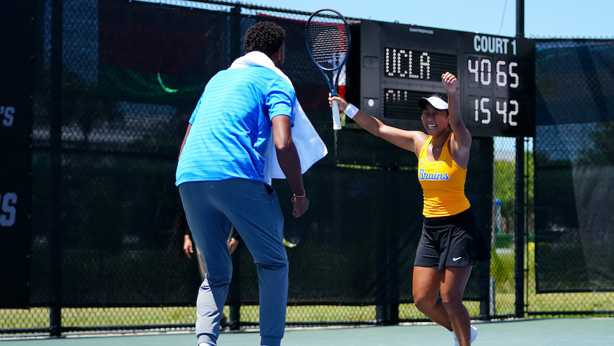 Fangran Tian of the University of California, Los Angeles reacts to winning the 2023 NCAA Division I Women’s Tennis Championship Singles Finals at the USTA National Campus in Orlando, Florida on Saturday, May 27, 2023. (Photo by Manuela Davies/USTA)