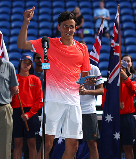 MELBOURNE, AUSTRALIA - JANUARY 26:  Emilio Nava of the United States thanks the crowd following his junior boys singles final against Lorenzo Musetti of Italy during day 13 of the 2019 Australian Open at Melbourne Park on January 26, 2019 in Melbourne, Australia.  (Photo by Cameron Spencer/Getty Images)