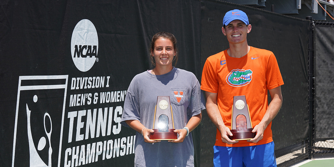 Champions Sam Riffice of the University of Florida University and Emma Navarro of the University of Virginia following their singles finals wins at the 2021 NCAA D1 Tennis Championships on Friday, May 28, 2021 at the USTA National Campus in Orlando, Florida. (Manuela Davies/USTA)