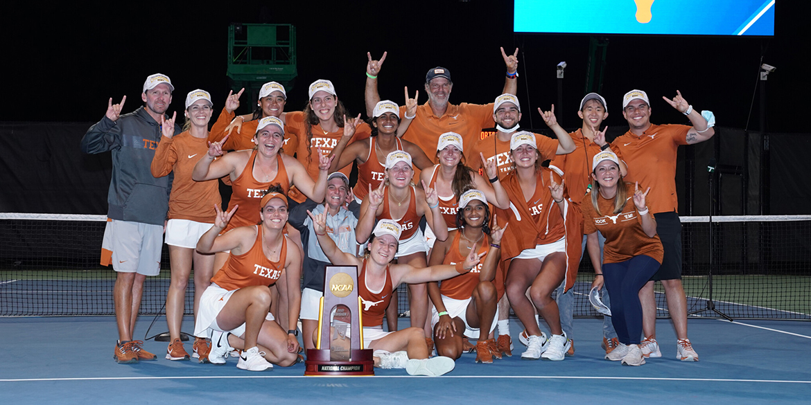 The University of Texas at Austin celebrates during the womenÃ s singles finals against Pepperdine University at the 2021 NCAA D1 Tennis Championships on Saturday, May 22, 2021 at the USTA National Campus in Orlando, Florida. (Manuela Davies/USTA)