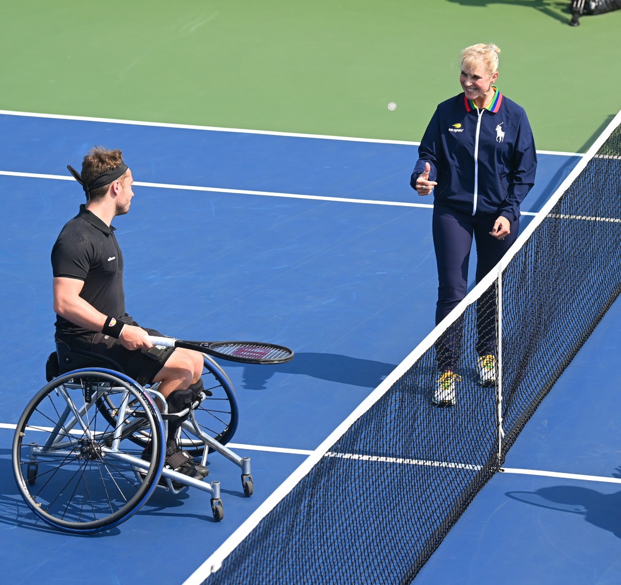 Alfie Hewett and Shingo Kunieda participate in a pre-match coin toss prior to a Wheelchair Men's Singles championship match at the 2021 US Open, Sunday, Sep. 12, 2021 in Flushing, NY. (Andrew Ong/USTA)